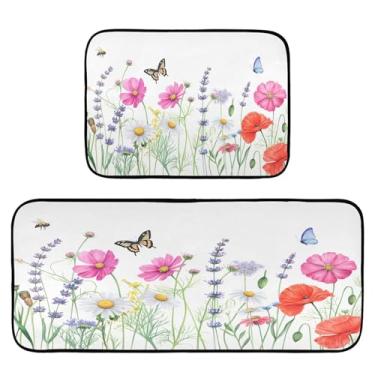 Imagem de STAYTOP Conjunto de 2 tapetes de cozinha, lindas flores e borboletas, tapetes de cozinha e tapetes de porta, tapete discreto para festas de fim de ano para cozinha doméstica