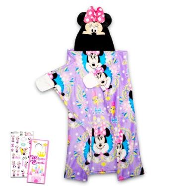 Imagem de Disney Cobertor infantil Minnie Mouse com capuz – Pacote com 101,6 cm x 127 cm Cobertor de pelúcia vestível para viagem do pijama avião carro viagem de carro plus adesivos, mais | Cobertor com capuz