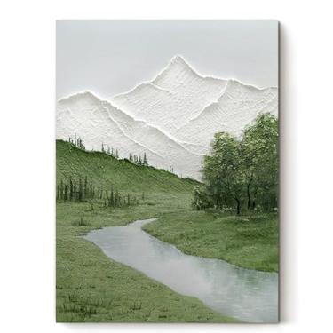 Imagem de AntExpanse Arte de parede de paisagem de montanha texturizada 3D pintada à mão, pintura minimalista de rio verde e branco em tela, decoração abstrata neutra moderna para sala de estar, quarto