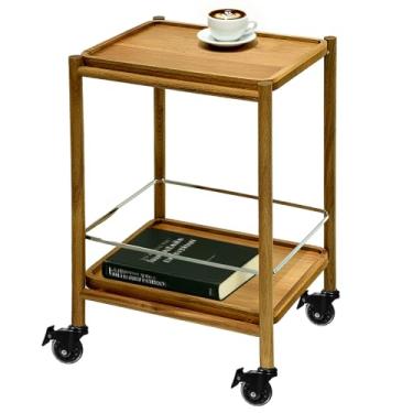 Imagem de EVERBBKING Mesa lateral rolante de madeira de acácia, 2 camadas com rodas bloqueáveis e bandeja removível, resistente e durável para carrinho de bar, mesa de cabeceira, mesa de sofá