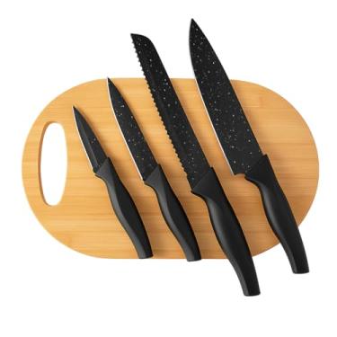 Imagem de Kit Facas de Cozinha 5 Peças em Aço Inox com Cabos Plásticos e Tábua de Bambu 33x20cm Conjunto Completo para Corte e Preparo de Alimentos