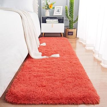 Imagem de Tapete passadeira macio Chicrug, felpudo, de pelúcia fofa, não solta pelo, para quarto, sala de estar, berçário, quarto infantil, de menina, decoração de casa, 0,6 x 2,4 m (vermelho-coral)
