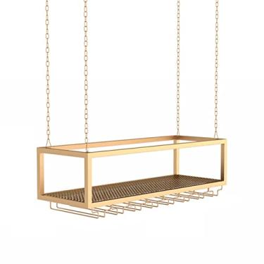 Imagem de Suporte de vidro para taças de pendurar na parede, prateleira organizadora de metal dourado flutuante para bares, restaurantes, cozinhas (tamanho: 60 x 25 x 20 cm)