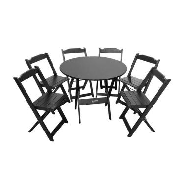 Imagem de Conjunto Dobrável Mesa De Madeira 90cm Redonda Com 6 Cadeiras Preta - Cor: Preto