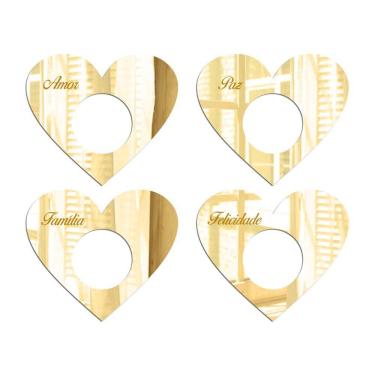 Imagem de Porta Guardanapo Coração Desejos Espelhado Kit 4 Peças 7,5cmx6,5cm - Cria Arte Laser Dourado