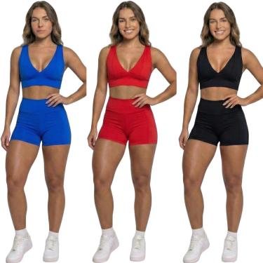 Imagem de KIT 3 Conjunto Top Com Bojo E Short Suplex Vekyo Roupa Para Academia Moda Fitness Musculação-Feminino
