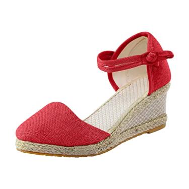 Imagem de Sandálias femininas confortáveis flor clipe dedo do pé sandálias de praia moda feminina boêmia plataforma sapatos de vestido a5, Vermelho, 9