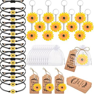 Imagem de Conjunto de 48 peças de lembrancinhas de festa de girassol, pulseiras ajustáveis, bolsas de organza e etiqueta de agradecimento, decoração de girassol para aniversário, chá de bebê, presente de devolução