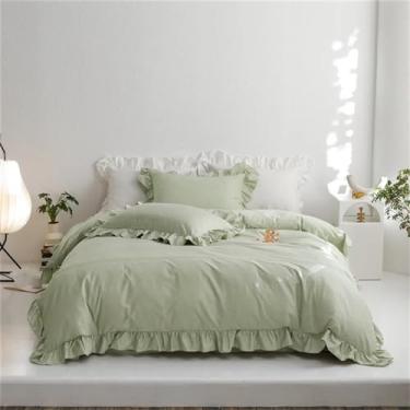 Imagem de Jogo de cama queen com babados, verde claro com babados, 600 fios, algodão egípcio, lençol com elástico, lençol de cima tamanho queen verde