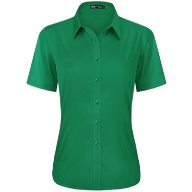 Imagem de J.VER Camisa social feminina casual elástica de manga curta fácil de cuidar, Verde escuro, GG