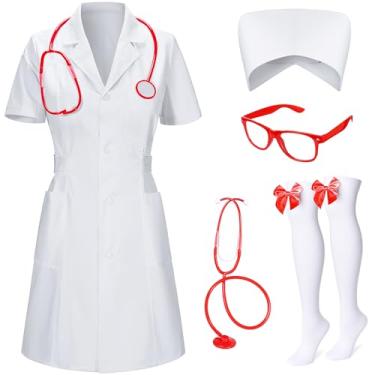 Imagem de TOKYO REVENGERS Conjunto de fantasia feminina de enfermeira de Halloween, 5 peças, roupa de médico, casaco de laboratório, chapéu de enfermeira, cosplay, acessórios, Branco, P