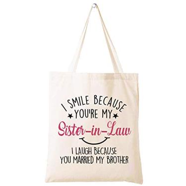 Imagem de LIBIHUA I Smile Because You're My Sister In Law - Presente engraçado de cunhada - Presente exclusivo para a família - Aniversário e ideia - Bolsa de ombro, sacola
