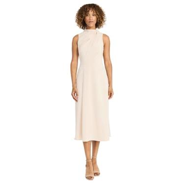 Imagem de Maggy London Vestido feminino midi sem mangas com gola alta e detalhes reunidos - cintura ajustada - saia evasê elegante formal, Chifre, 48