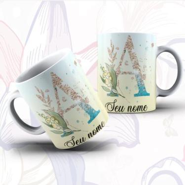 Imagem de Caneca Porcelana Alfabeto Floral Glitter Personalizada Com Inicial E N