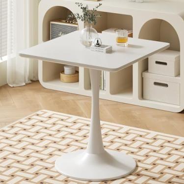 Imagem de Mesa de tulipa quadrada branca para 2 pessoas, pequena mesa de jantar de 61 cm com base de pedestal de metal para cozinha, mesas de tulipa modernas de meados do século para sala de estar, café,