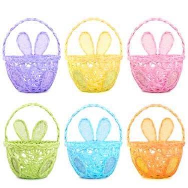 Imagem de WeDoSoy 6 cestas de ovos de Páscoa – Cestas de Páscoa feitas à mão com orelhas de coelho em 6 cores para lembrancinhas de festa de jardim com tema de Páscoa, caça aos ovos de Páscoa, brinquedos de