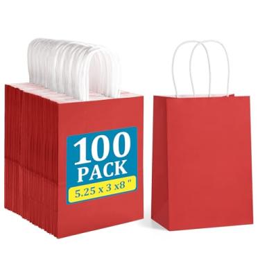 Imagem de BagDream 100 sacos de presente vermelhos 13 x 8 cm pequenos sacos de presente de papel kraft com alças a granel, aniversário, casamento, chá de bebê, lembrancinha de festa de varejo, sacos de papel