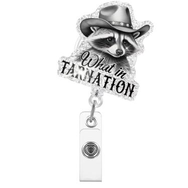 Imagem de Xipromi What in Tarnation Carretéis de crachá retrátil com clipe, suporte de crachá engraçado retrô de guaxinim ocidental para enfermeira médica, presentes de guaxinim caubói para funcionários de
