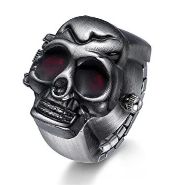 Imagem de JewelryWe Relógio masculino e feminino com estampa de caveira punk que abre e fecha com anel analógico, tamanho ajustável, para o dia das bruxas, Preto, vermelho,