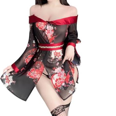Imagem de SENJIY Roupão quimono sexy lingerie para mulheres, vestido de fantasia, cosplay, perspectiva, curto, fofo, aberto na frente, decote em V profundo, estampa floral japonesa Yukata anime com fenda