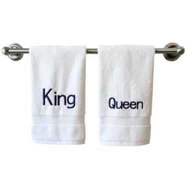 Imagem de Toalhas de mão brancas com monograma para banheiro - Toalha bordada inicial personalizada de qualidade de hotel de luxo para lavabo, spa - Certificado orgânico GOTS - Conjunto de 2 Navy King & Queen