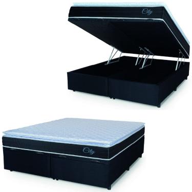 Imagem de Cama Box Baú Casal Queen Colchão C/ Molas Ensacadas City Pillow Top 158x198x64cm Preto/Branco Hellen