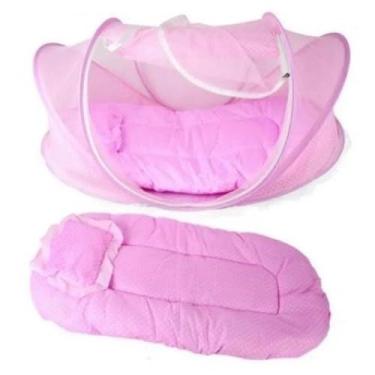 Imagem de Berço Portátil com Mosquiteiro, Rosa, 110x65x60 cm, Colchão Dobrável com Bolinhas