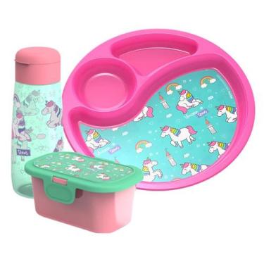 Imagem de Kit Infantil Volta as Aulas Prato Com Divisória Garrafinha e Pote 350m