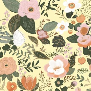 Imagem de Danodoi Papel de parede floral amarelo para contato azul vintage flor rosa mural de parede vinil impermeável autoadesivo removível para locatário papel de parede 44,5 cm x 299,7 cm