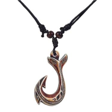 Imagem de coadipress Colar havaiano com pingente de anzol, vintage, Maui, praia, sofrimento, tribal, cordão de cânhamo, ajustável, corrente de proteção, amuleto, tartaruga, tubarão, colares para homens e