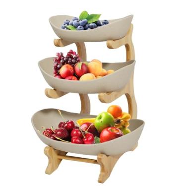 Imagem de Cesta de frutas de 3 camadas para balcão de cozinha – conjunto de frutas de cerâmica com moldura de bambu, organizador de suporte de frutas em camadas para armazenamento de bancada, suporte de lanche