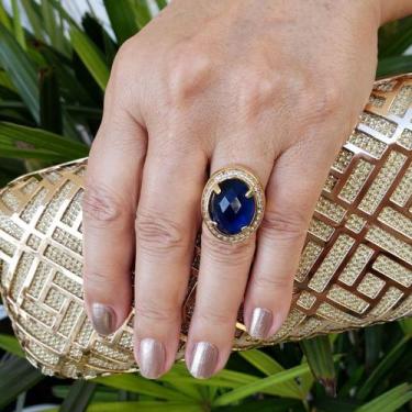 Imagem de Anel Cristal Com Moldura Cravejada De Microzirconias Banho Ouro 18k 24