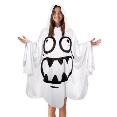 Imagem de VZQI Fantasia de fantasma para adultos, poncho de fantasma branco, capa com capuz, fácil fantasia de Halloween para mulheres, Rosto sorridente, Tamanho Único