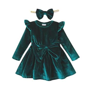 Imagem de Mioglrie Baby Girl Dress Toddler Fall Winter Baby Girls Dresses 12-18 Month Ruffle Long Sleeve Dresses Toddler Green Dress with Headband