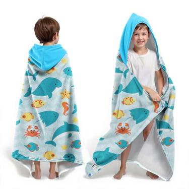 Imagem de Neapth Toalha de praia com capuz de tubarão para meninos, 76 cm x 127 cm, design de golfinho e baleia, toalha de banho infantil para crianças, azul claro macio absorvente com capuz para roupão de