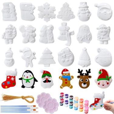 Imagem de Syhood 24 peças de cerâmica para pintar enfeites de Natal artesanato para crianças pintar seu próprio kit de cerâmica faça você mesmo Papai Noel bonecos de neve pão de gengibre ornamentos de cerâmica para homens ornamentos de Natal artesanato presentes para adultos crianças