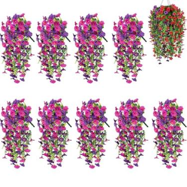 Imagem de 9 peças de videira artificial de glória matinal com eucalipto – flores falsas penduradas de 76 cm para decoração ao ar livre, guirlanda de seda resistente a UV para parede, jardim, cerca, cesta (9