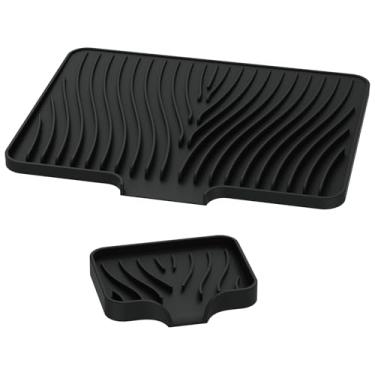 Imagem de Tapete de secagem de pratos de silicone com borda de drenagem, antiderrapante, tapete de escorredor de louça, resistente ao calor, tapete de secagem para bancada de cozinha para evitar acúmulo de água