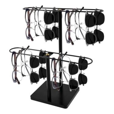 Imagem de Organizador de óculos de sol, suporte de óculos de 2 camadas para 24 pares de óculos, suporte de óculos com armação de metal com madeira, exibição para mesa, mesa, bancada, cômoda e quarto