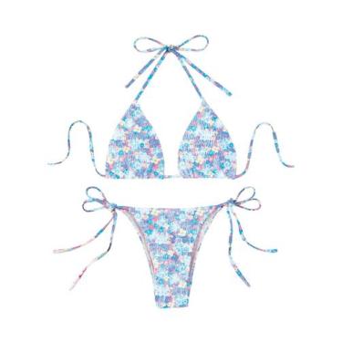 Imagem de Conjunto de biquíni COZYEASE feminino com estampa floral azul tamanho 