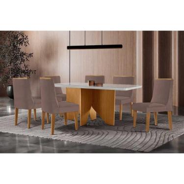 Imagem de Conjunto Sala de Jantar Nevada c/ Tampo Madeirado c/ Vidro Canto Curvo 180x90cm e 6 Cadeiras Dakota Madeira Maciça Naturale/Off White - Capuccino/Cora