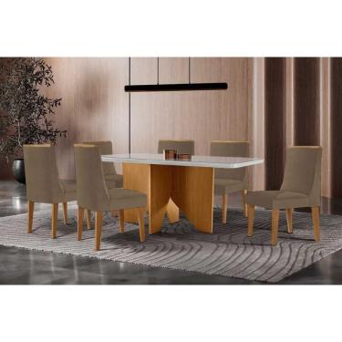 Imagem de Conjunto Sala de Jantar Nevada c/ Tampo Madeirado c/ Vidro Canto Curvo 180x90cm e 6 Cadeiras Dakota Madeira Maciça Naturale/Off White - Capuccino/Sued