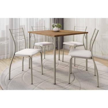 Imagem de Sala de Jantar Completa 1545 Aço c/ Tampo Madeirado 87x87cm e 4 Cadeiras 1700 Prata/Freijo - Prata/Corano Branco - Carraro
