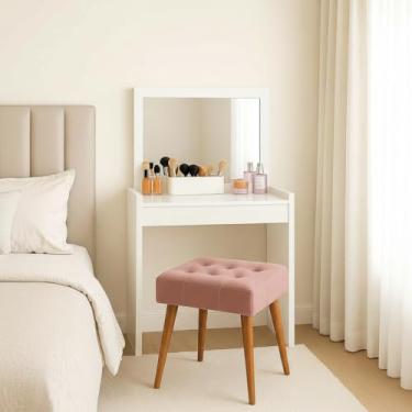Imagem de Penteadeira Mesa De Maquiagem com Espelho Bancada Quarto + Banqueta Ingrid Branco Rose