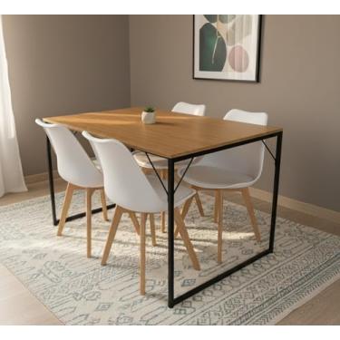 Imagem de Conjunto Mesa de Jantar Retangular com Pés de Ferro + 4 Cadeiras Estofadas Leda (Mesa Freijó/Cadeiras Brancas)