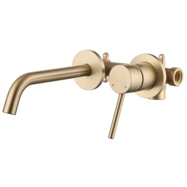 Imagem de Weshi Torneiras de banheiro montagem na parede torneira de lavatório de banheiro ouro escovado - Torneira de pia de torneira de torneira de torneira de parede curva com válvula áspera