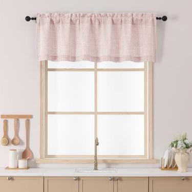 Imagem de Chyhomenyc Saia rosa blush para janelas, pequena sanefa de cozinha texturizada com filtro de luz, cortina curta de janela superior com bolso para varão para banheiro, porão de fazenda, 152 cm L x 45