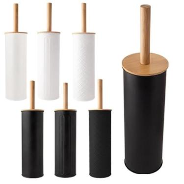 Imagem de Escova Sanitária Moderna com Suporte, Base em Ferro e Alça em Bambu Natural, Design Minimalista, Disponível em Preto e Branco (Branco)