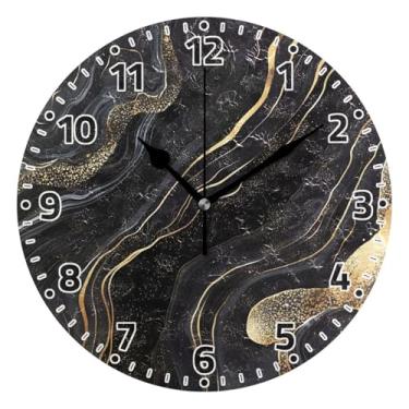 Imagem de WELLDAY Relógio de parede sem tique-taque 25 cm - Relógio redondo silencioso de quartzo operado por bateria de mármore preto dourado para casa/escritório/cozinha/sala de aula