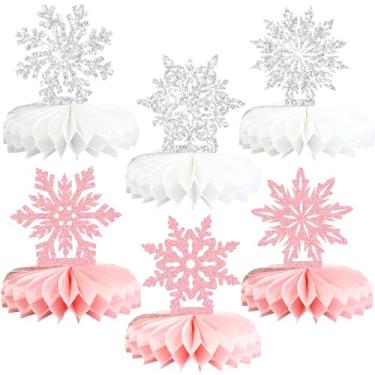 Imagem de Ephlyn 12Pcs Snowflake Honeycomb Table Centerpieces Frozen Winter Wonderland Party Decorations for Xmas Holiday Winter Birthday Baby Shower Party Supplies Pink Silver